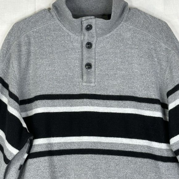 Chaps Sweater Mens Large Gray Black Stripe 1/4 Button Neck Pockets‎ Sweatshirt - Picture 3 of 16